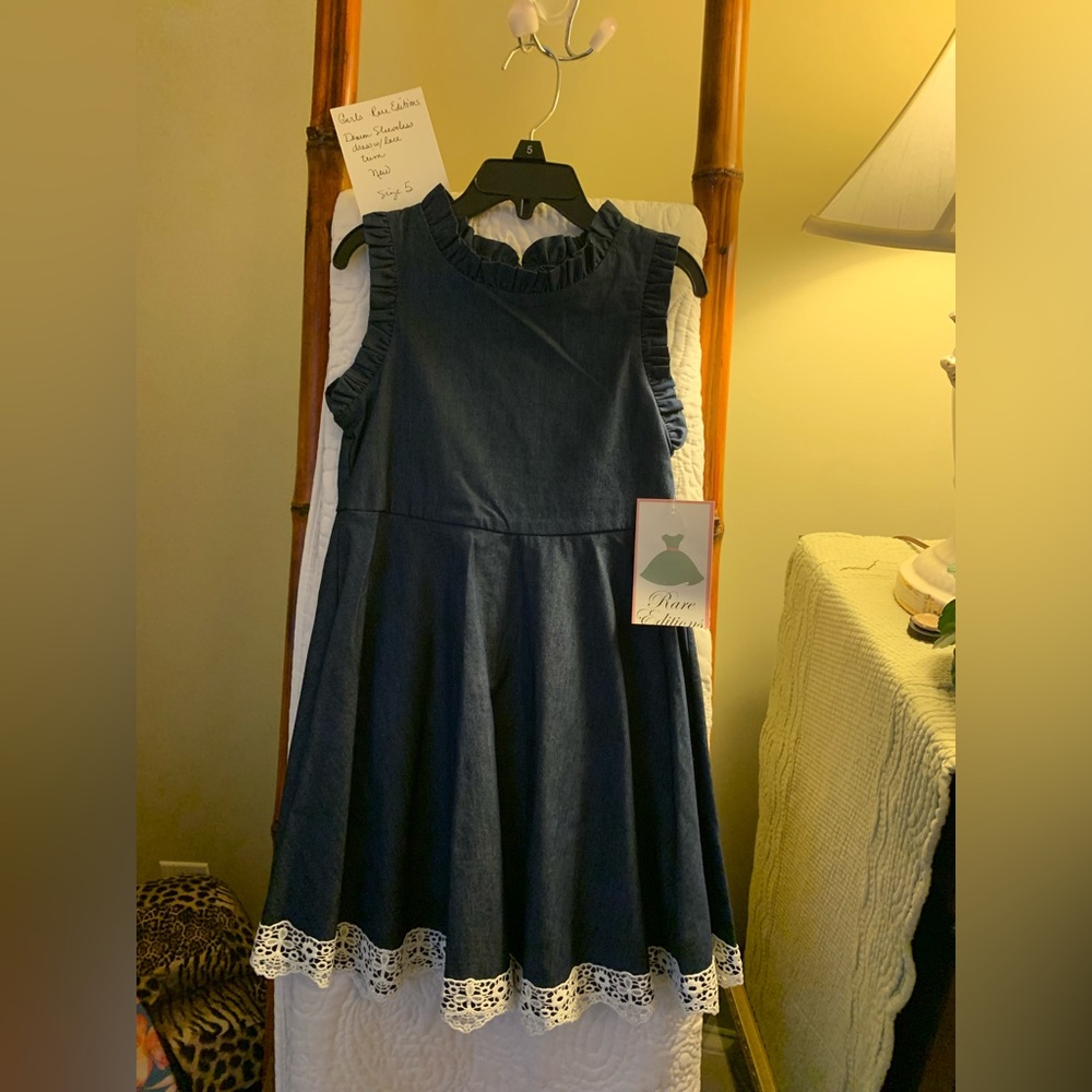 Girls - Rare Editions - Denim Sleeveless Dress with Lace Trim.